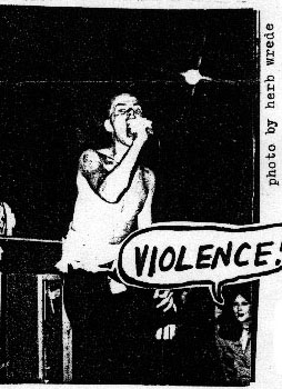 "Audience reaction to THE SCREAMERS set at the Starwood was that of mixed emotions. Crazed fan Cheri The Parakeet (or was it Penguin?), attacked Tomata, trying to puncture him with her stiletto spiked heel. When asked to what she attributed this spontaneous act of rage, Cheri calmly responded, "It's the music that made me do it." Noted L.A. journalist, Jade Zebest, was driven into such a tizzy that she was overheard screaming 'VIOLENCE!' thru most of the set." - Brian Tristan, aka Kid Congo Powers, 1977