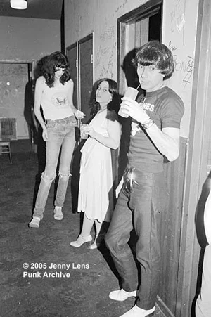 Genny Body backstage at the Whisky in Feb 1977 with Joey Ramone and Arturo Vega.