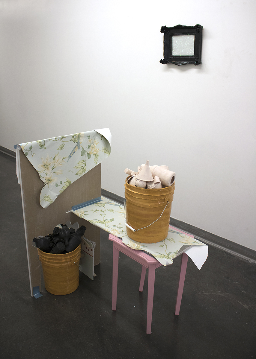 House Fragment Pt. II Porcelain Slip Cast Objects Glazed Together in Handbuilt Terracotta Bucket, Wood, Drywall, Wallpaper, Gap Filler, Glitter, Found Table, Acrylic, Duct Tape 2018 Varying dimensions in 4’x4’x3’ space