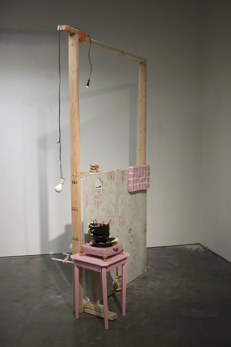 House Fragment Pt. I Terracotta, Porcelain, Wood, Drywall, Wallpaper, Raw Clay, Glitter, Grout, Found Table, Acrylic, Duct Tape 2018 Varying dimensions in 4’x8’x3’ space