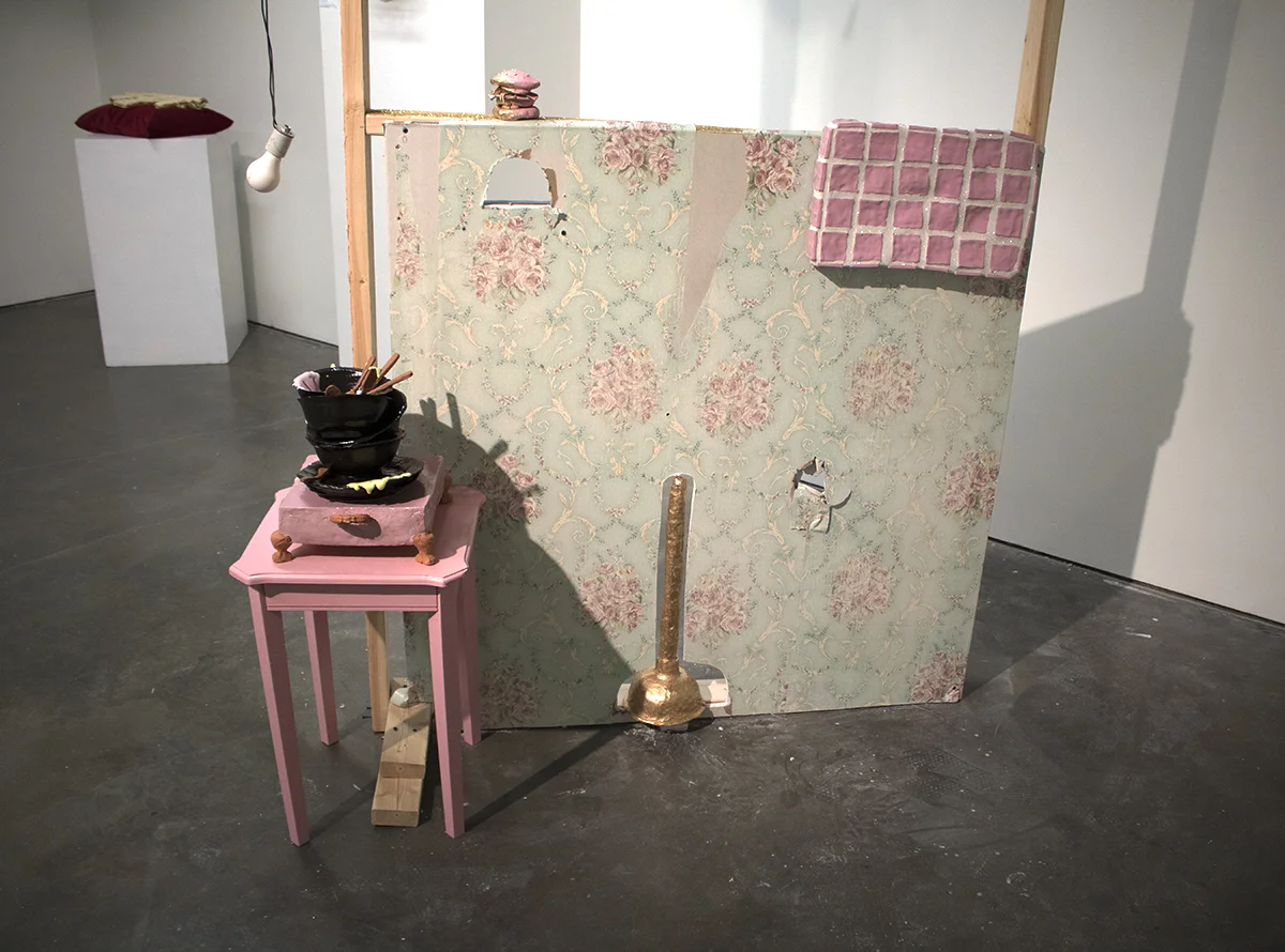 House Fragment Pt. I Terracotta, Porcelain, Wood, Drywall, Wallpaper, Raw Clay, Glitter, Grout, Found Table, Acrylic, Duct Tape 2018 Varying dimensions in 4’x8’x3’ space