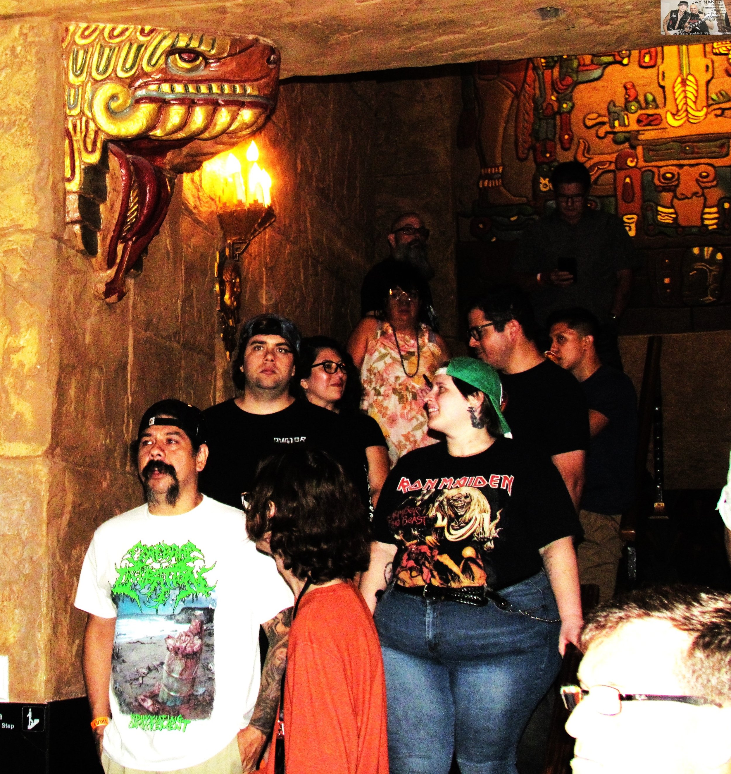  The line for merch forms before the show on the Aztec’s stairwell and includes Flesh Hoarder guitarist Mike DeLeon (white shirt), who also plays with Philip H. Anselmo &amp; The Illegals. DeLeon shared with ATM that he had just returned from rehears