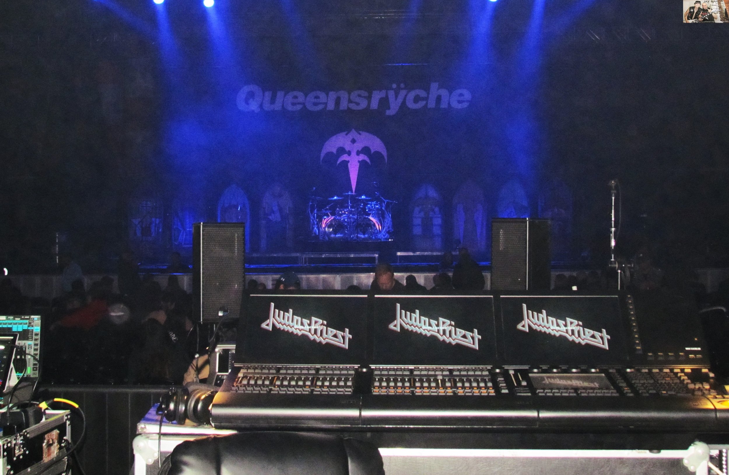  The soundboard and stage await the bands. 