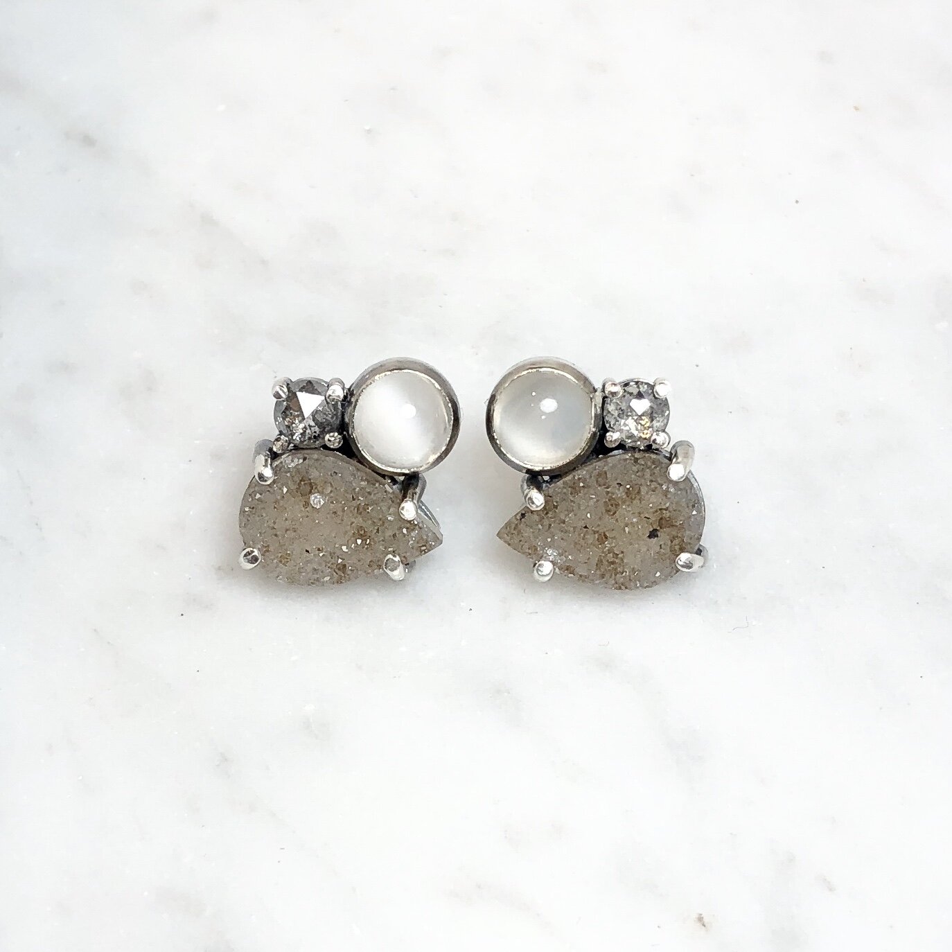 Custom Rusitc Diamond &amp; Moonstone Earrings