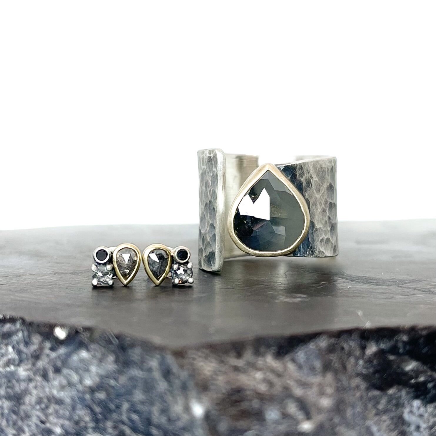 Matching Rustic Diamond Earrings &amp; Ring Set