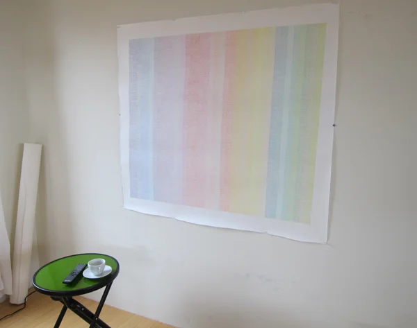 Centimeter 19: Lean in the studio. Prismacolor on paper, 38x46"