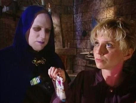 The lovely Beez McKeever, puppet costume designer, also acted in skits like this one where she played Steffi, babysitter to Bobo and Brain Guy in 908: The Touch of Satan.