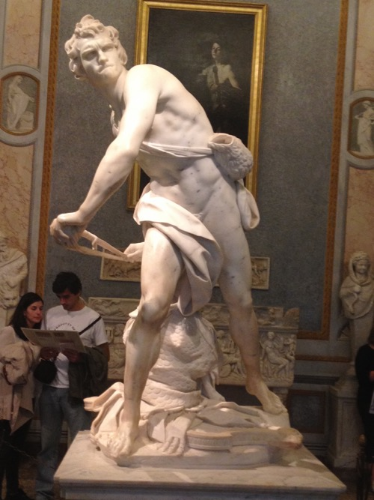 David, armed only with a slingshot, faces a giant with weapons, Goliath. &nbsp;It was sculpted between 1623 and 1624 by Gian Lorenzo Bernini who at the time was only 25. &nbsp;This statue is not to be confused with the more famous David that was don…