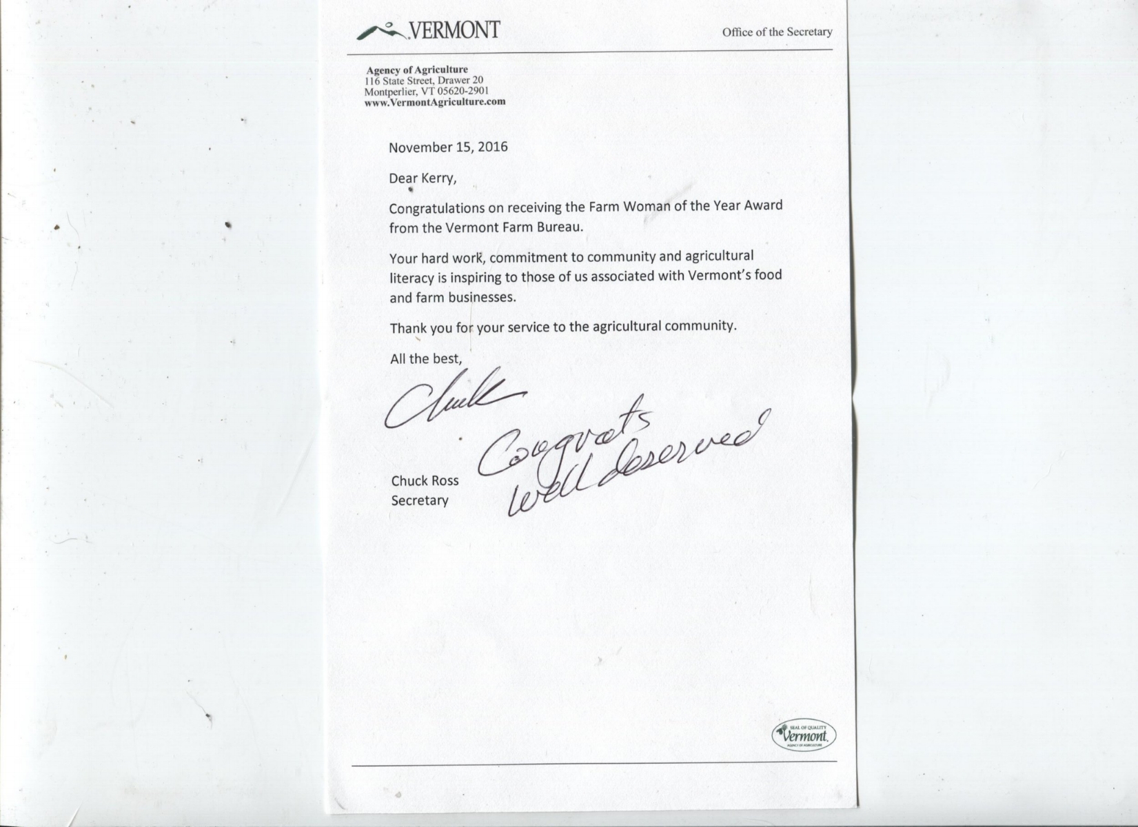 Letter to Kerry gawalt from the Vermont secretary of agriculture congratulating her on her honor.