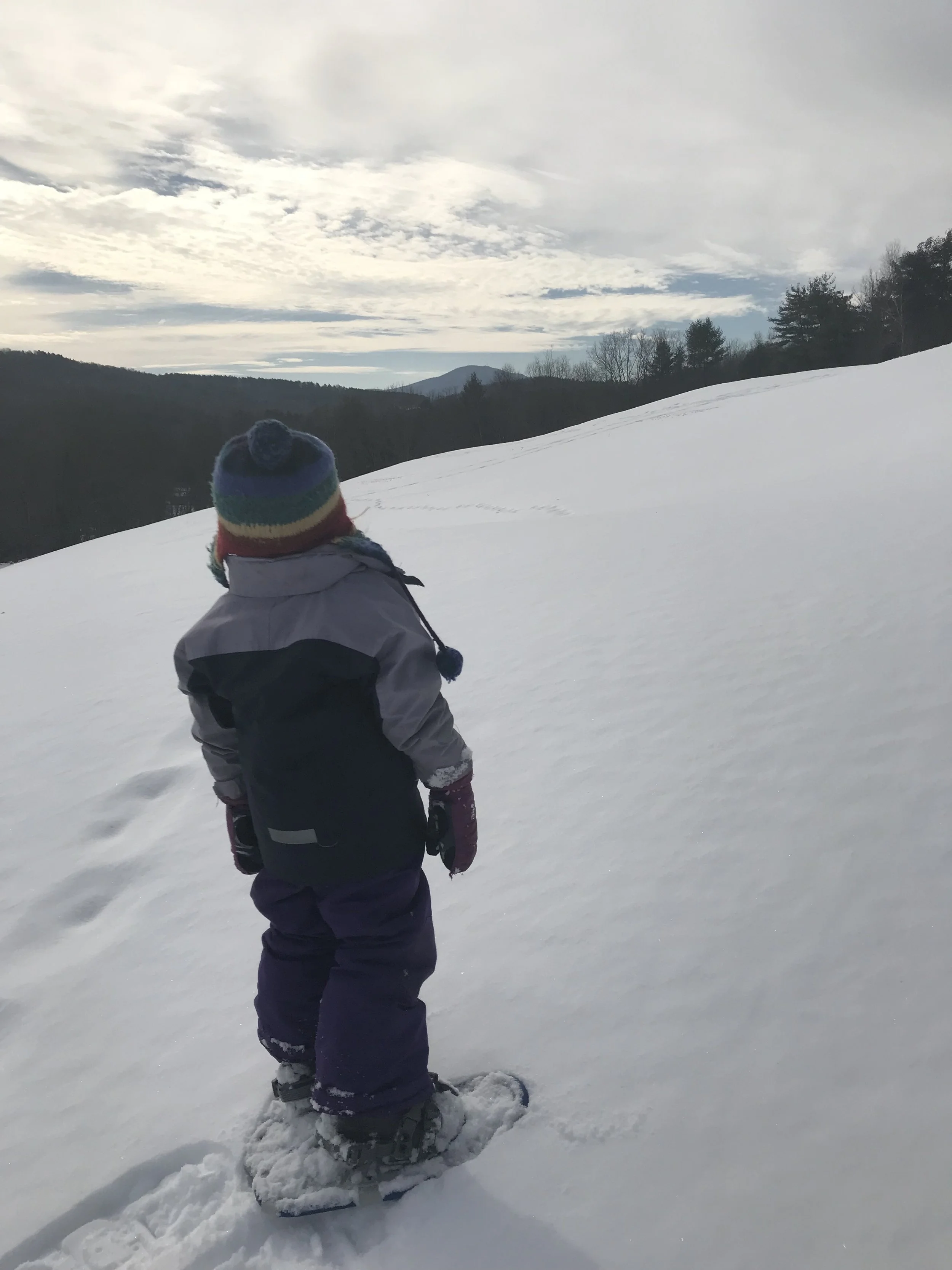 Reijo, age four, looking out at Mt. Ascutney from the top of the Sheep Pasture- a short snow shoe from our doorstep.