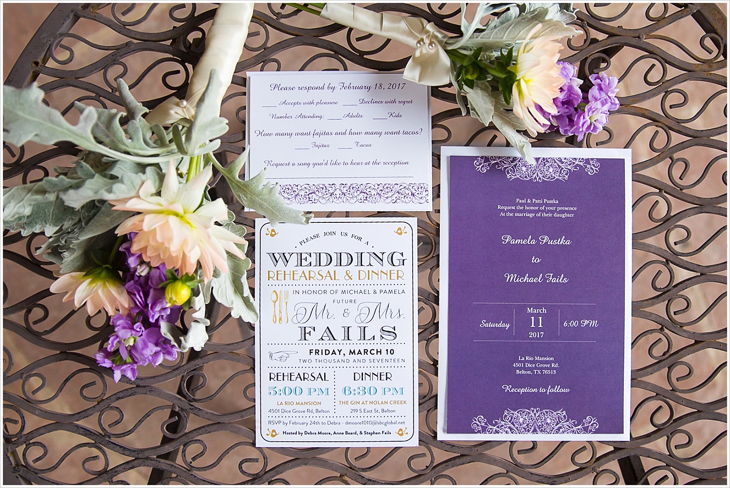 Purple and white wedding invitation suite 