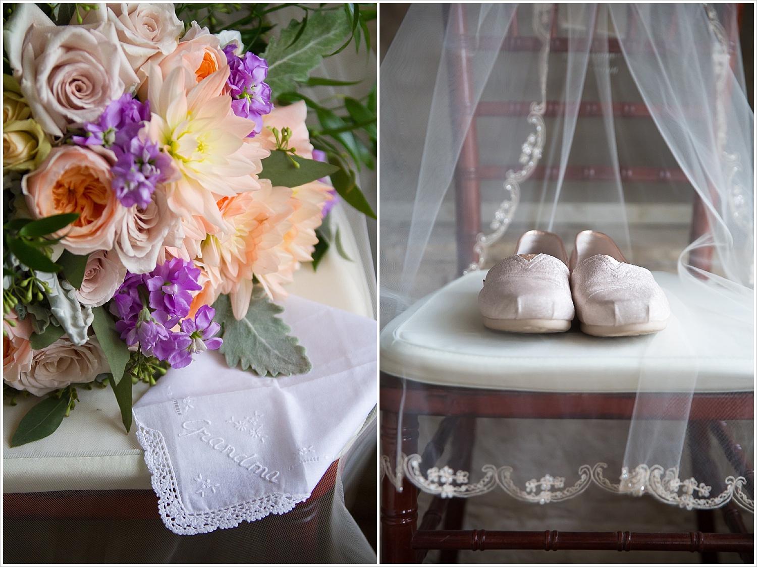 Bride's bouquet, wedding day shoes, and Grandmother's handkerchief