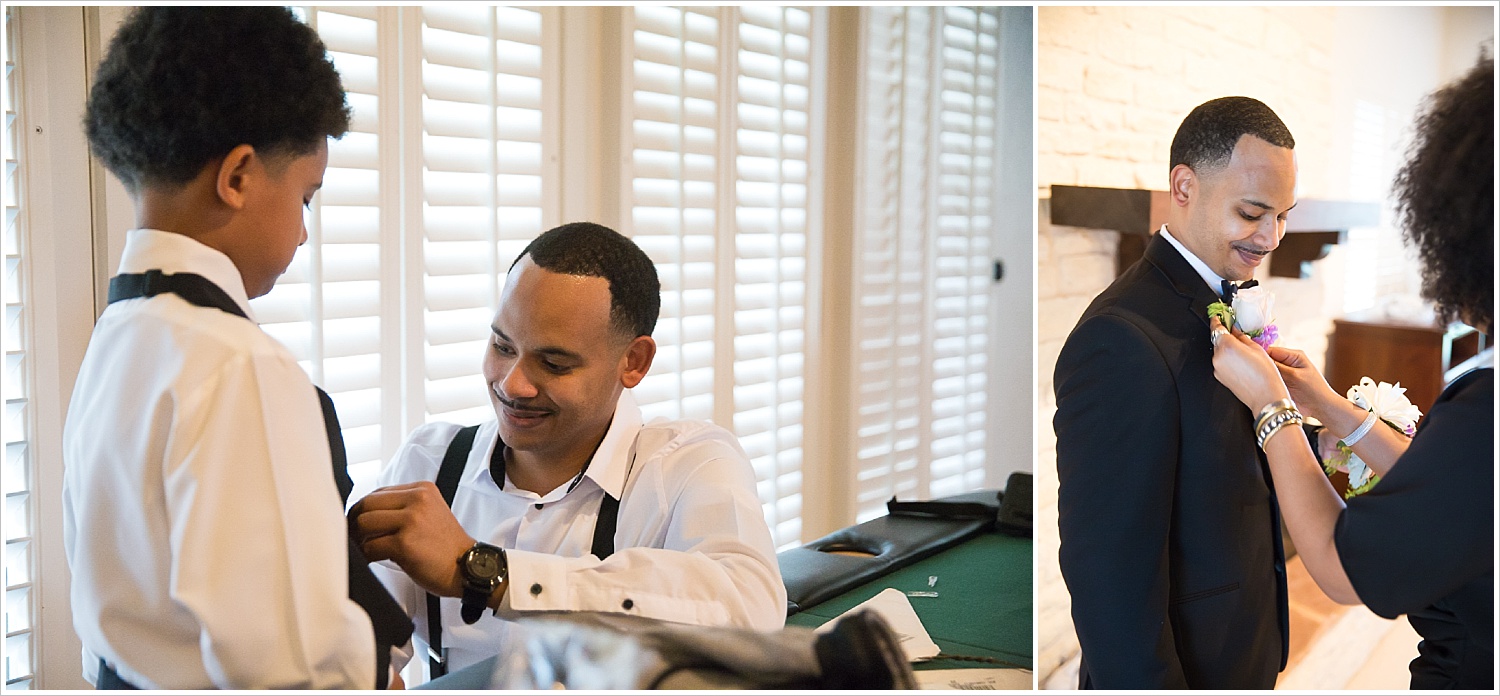 Groom helps his son into his tux, groom's sister pins on his boutonniere