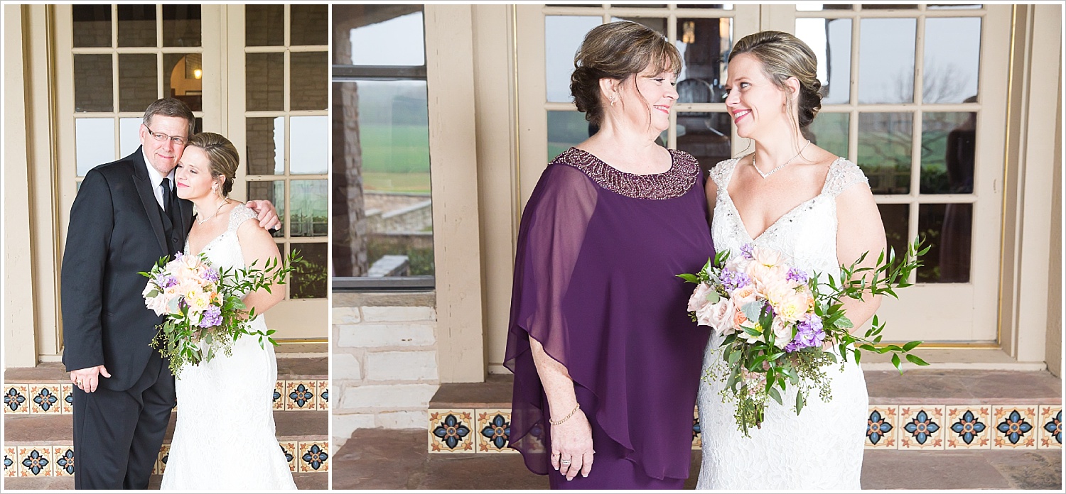 Bride with parents before wedding ceremony at La Rio Mansion