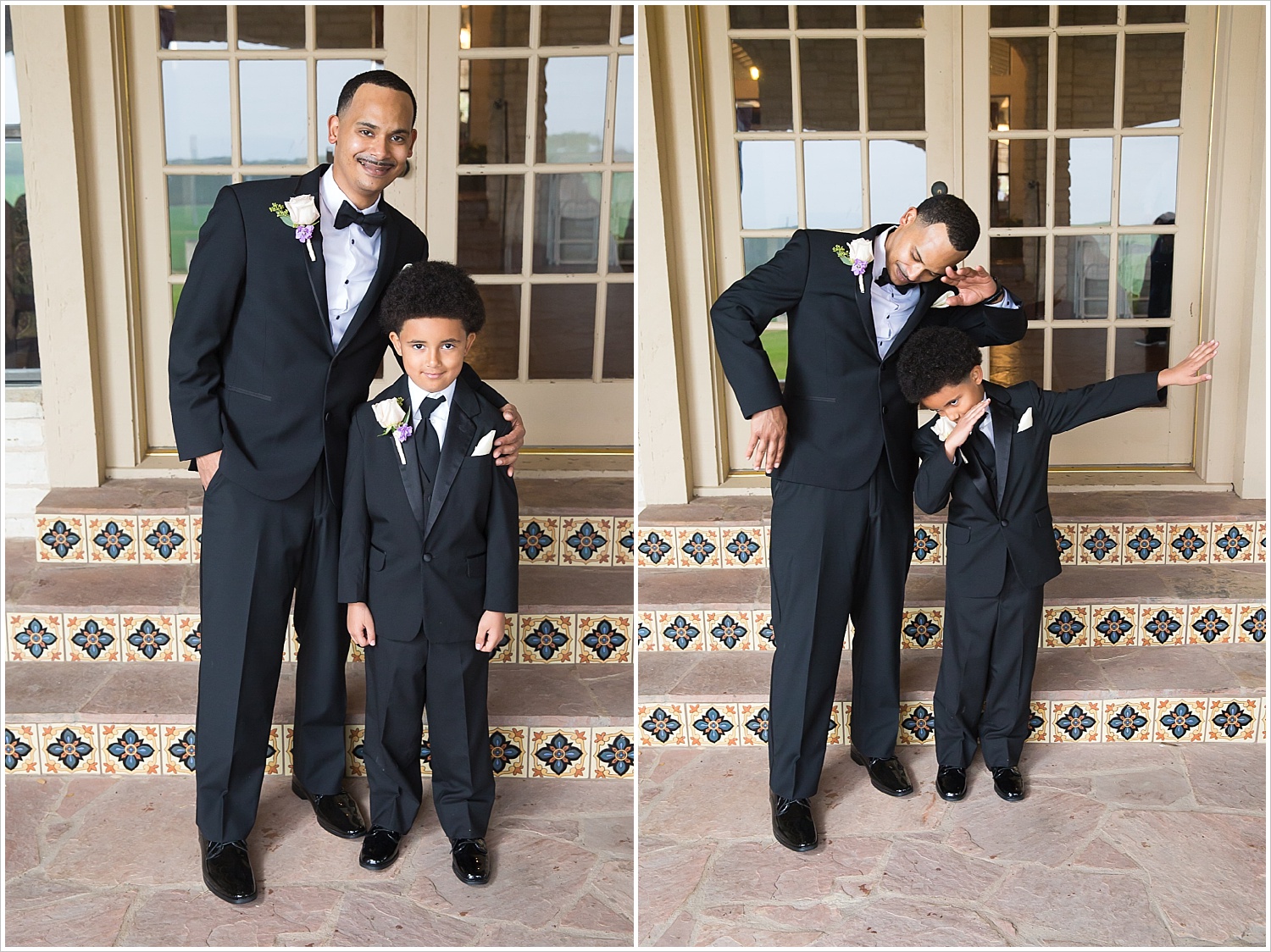 Groom and his son, the ring bearer, pose and dab before ceremony