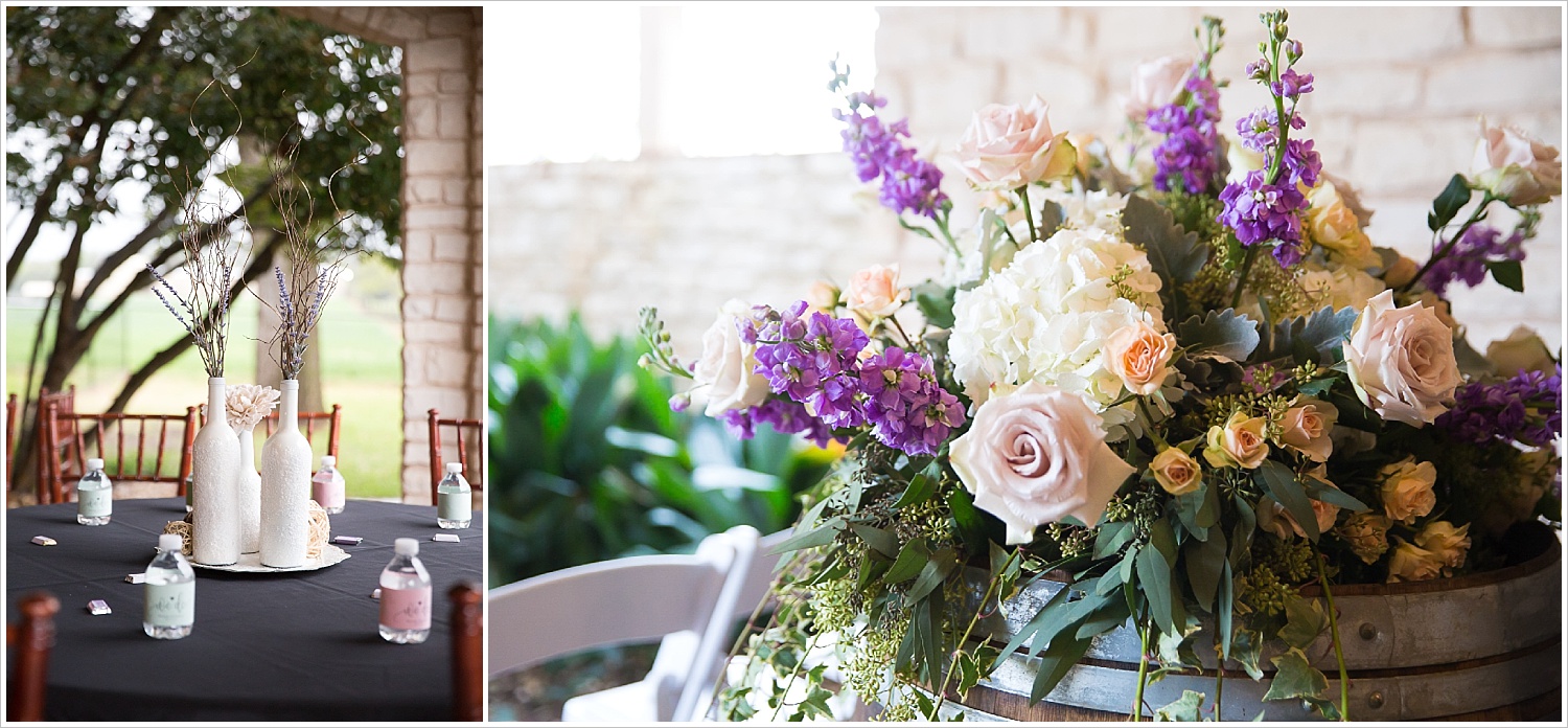 Painted white vase centerpieces, large floral arrangement on top of wine barrel