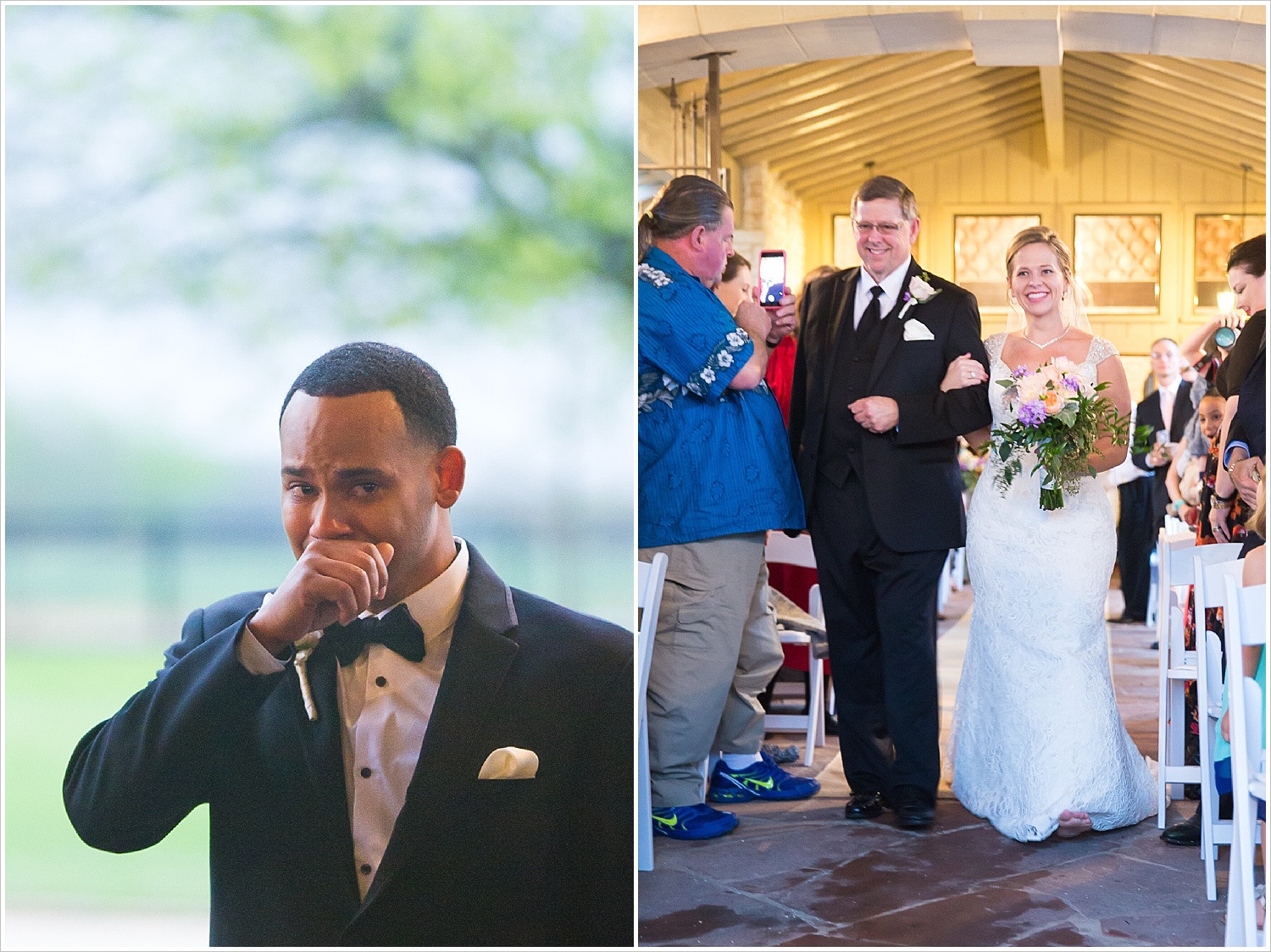 Groom cries seeing his bride come down the aisle at La Rio Mansion