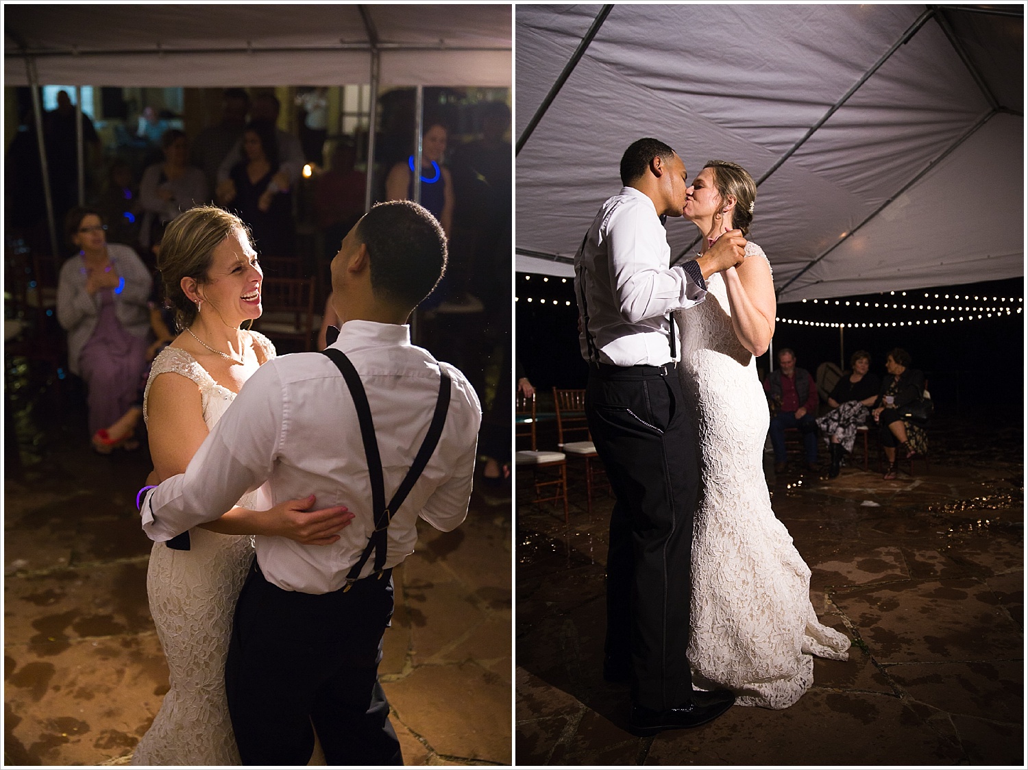 Bride and groom laugh and kiss during their first dance