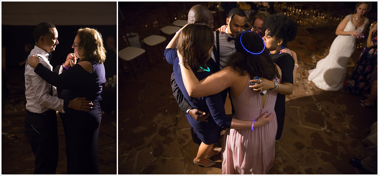 Groom dances with his mother and then his whole family during reception at La Rio Mansion
