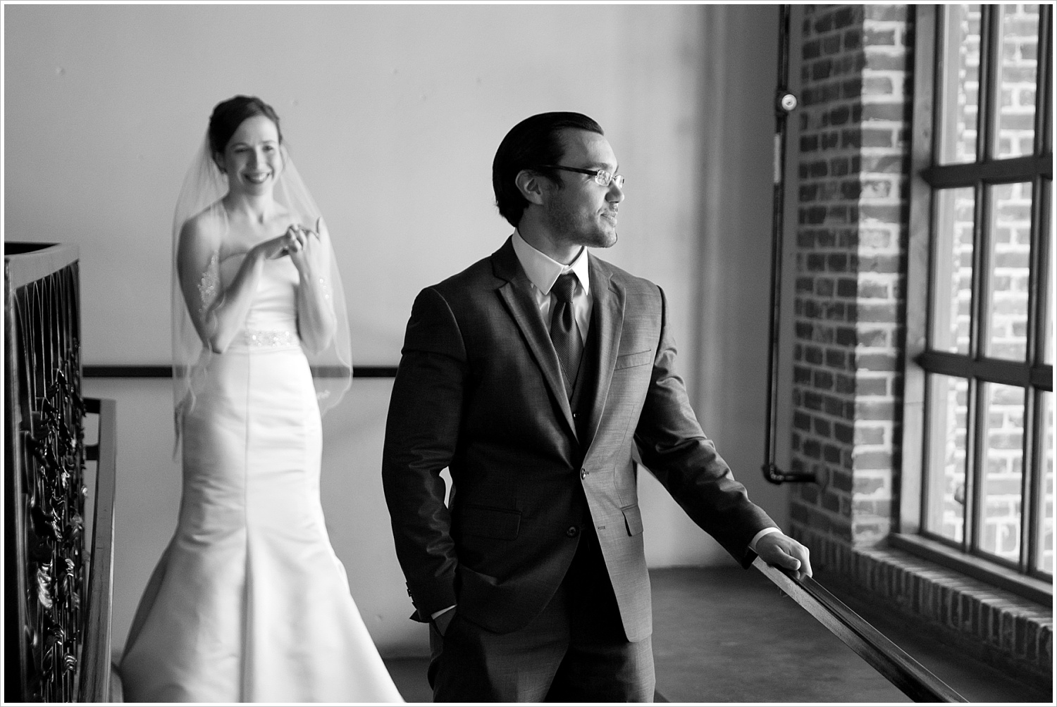 Bride approaches a groom from behind for a first look, The Palladium in Waco, Texas