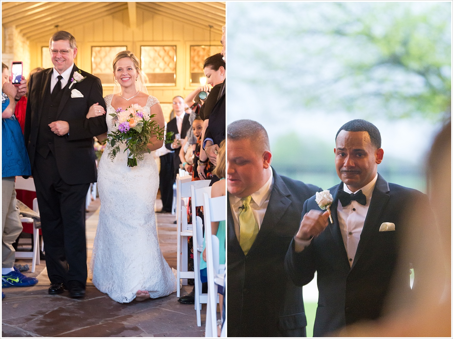 A groom cries when he sees his bride walking down the aisle, La Rio Mansion, Belton, Texas