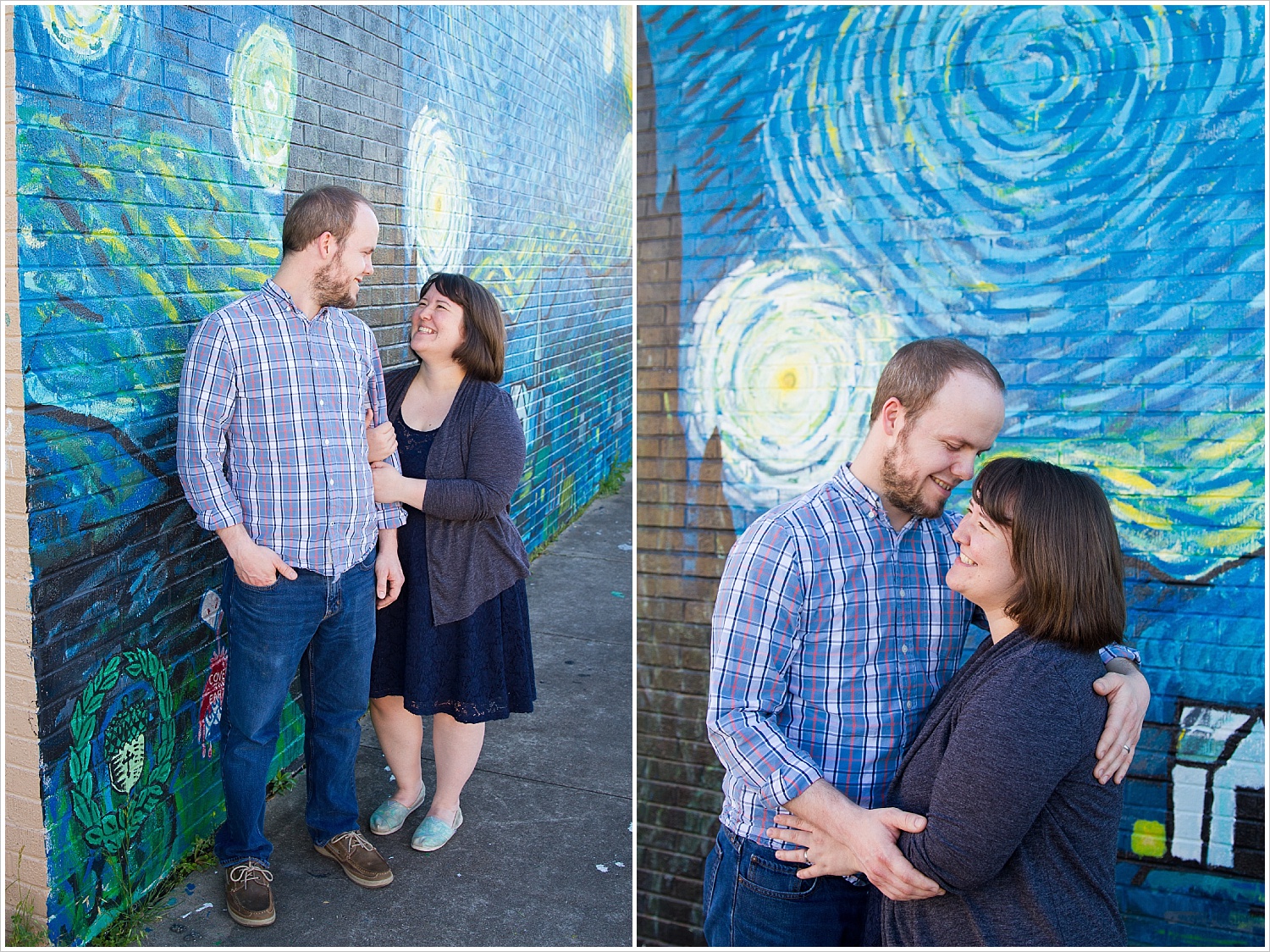 Husband and wife laugh in front of Starry Night mural in downtown Waco