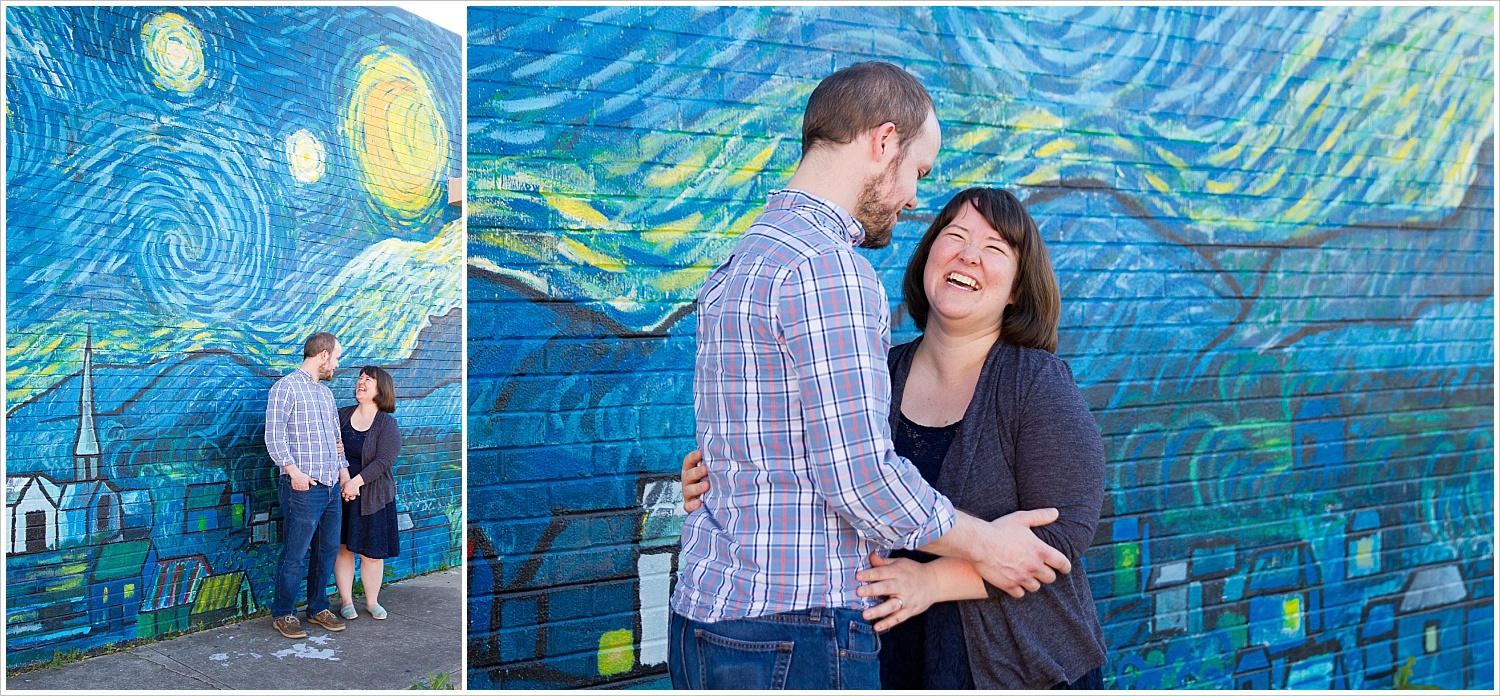Husband and wife laugh in front of Starry Night mural in downtown Waco