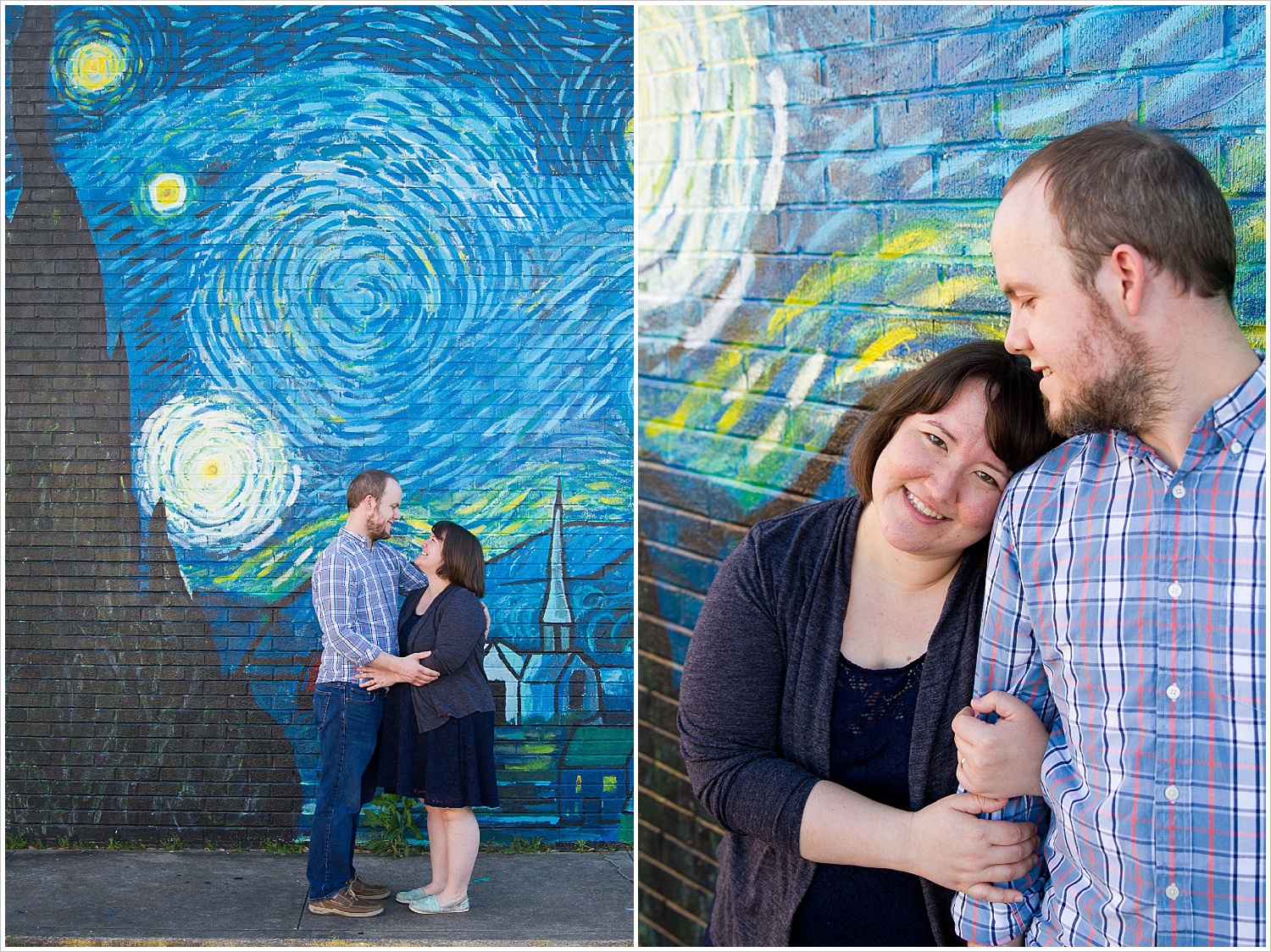 Wife puts head on husband's shoulder in front of Starry Night mural in downtown Waco