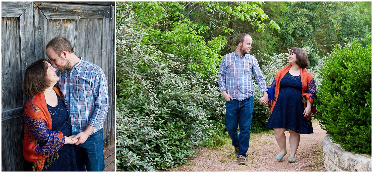 Husband and wife stroll hand-in-hand through the garden at Carleen Bright Arboretum in Woodway, Texas