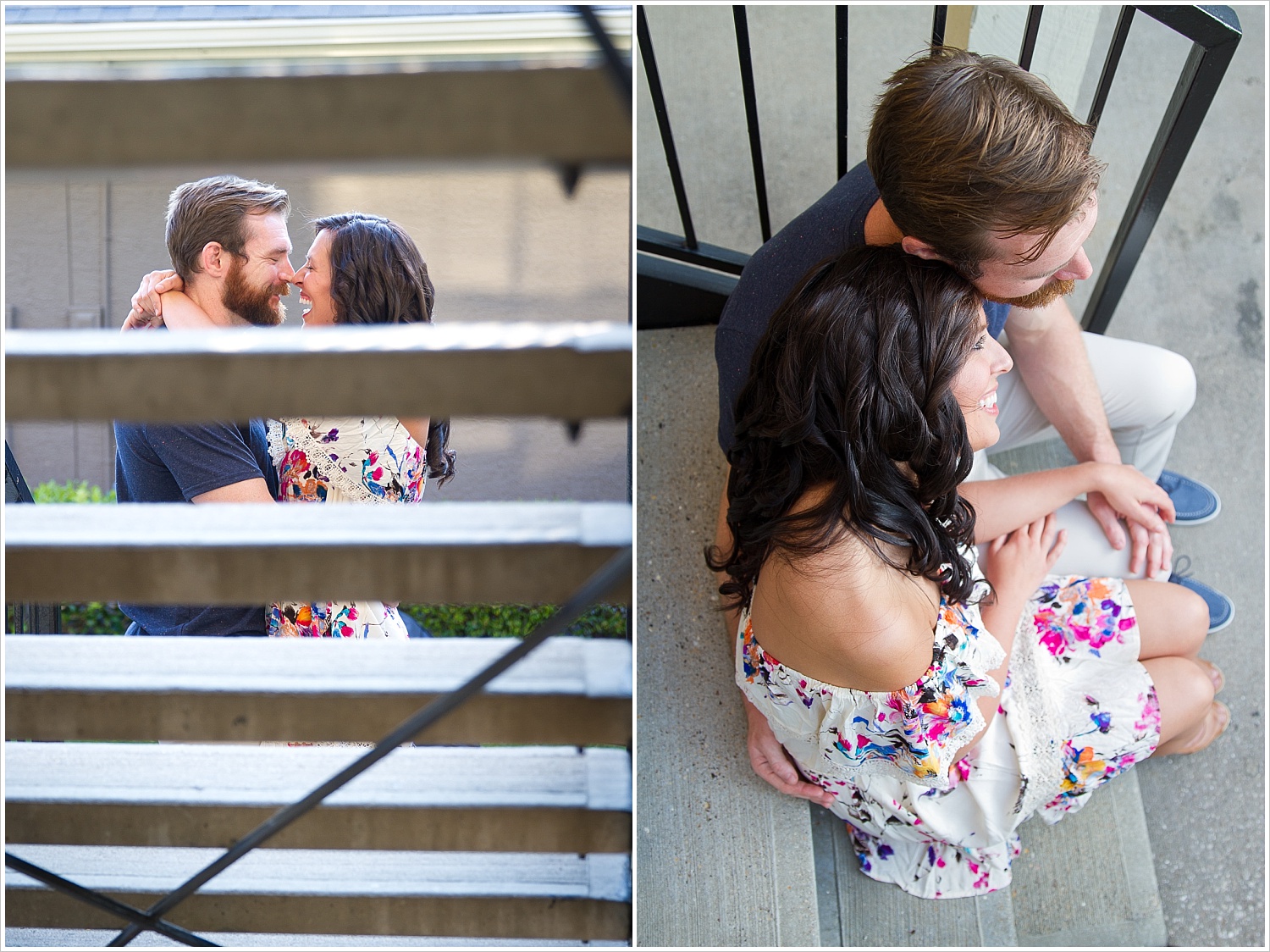 Randell & Fawn sit together on the stairs of their old apartment complex A couple embraces with a sunset behind them at an engagement photography session in Frisco, Texas by Texas wedding photographers Jason & Melaina Photography, www.jasonandmelaina.com 
