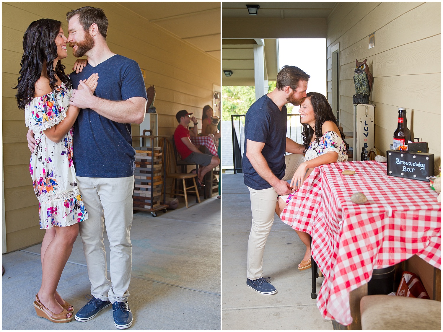 Randell & Fawn hold one another while their friends are in the background at their old apartment complex at an engagement photography session in Frisco, Texas by Texas wedding photographers Jason & Melaina Photography, www.jasonandmelaina.com