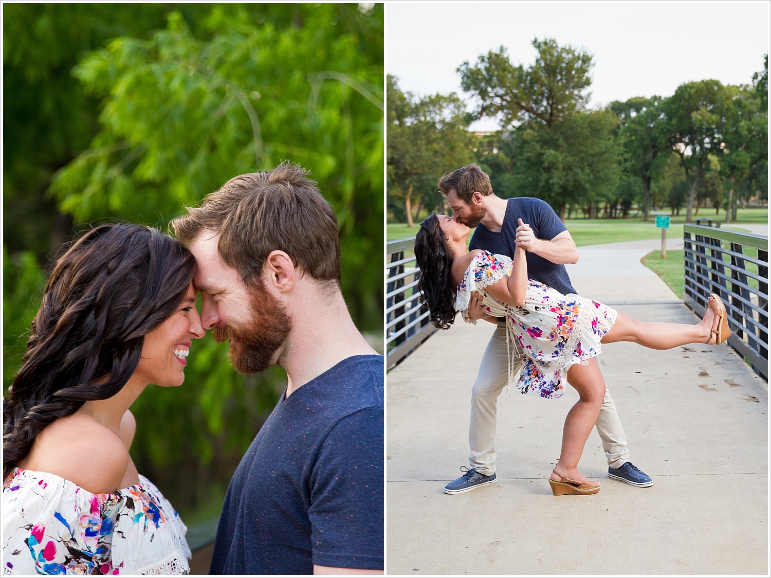 Randell & Fawn stand on a bridge in the park where Randell proposed at an engagement photography session in Frisco, Texas by Texas wedding photographers Jason & Melaina Photography, www.jasonandmelaina.com