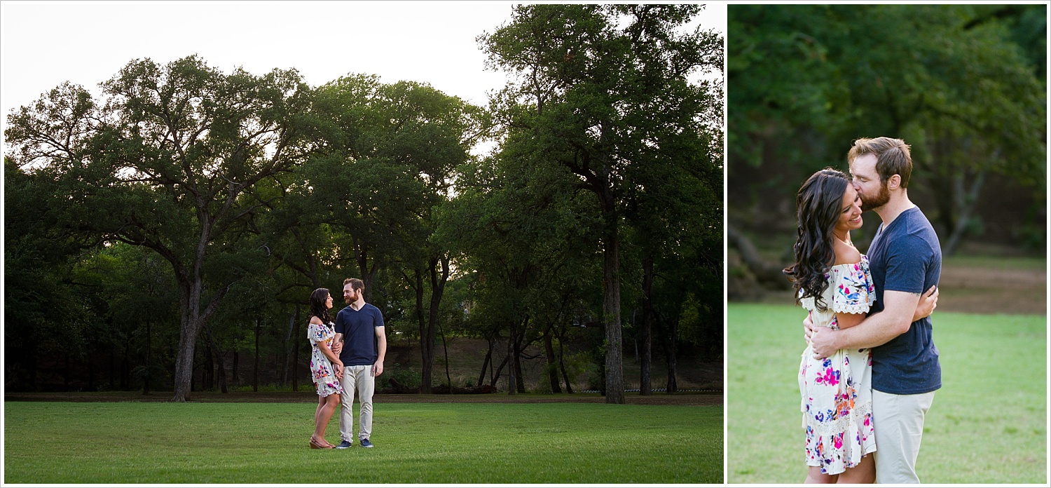 Randell & Fawn embrace in the park where Randell proposed at an engagement photography session in Frisco, Texas by Texas wedding photographers Jason & Melaina Photography, www.jasonandmelaina.com