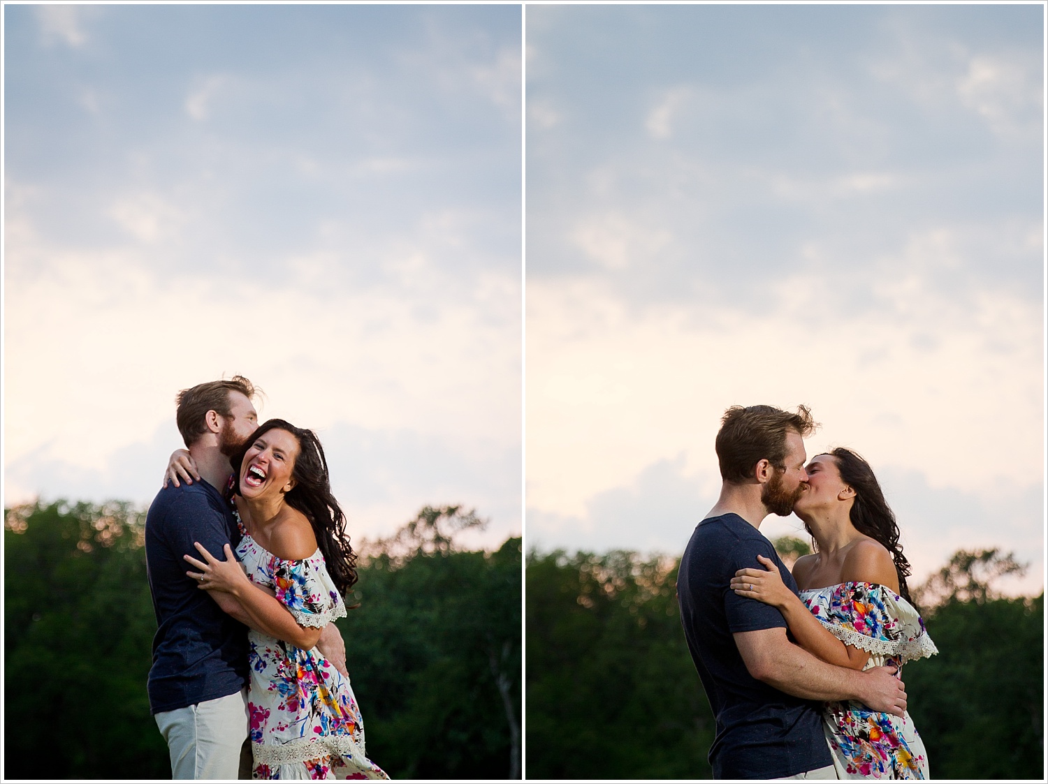 Randell & Fawn kiss and laugh with a beautiful sunset sky in the background at an engagement photography session in Frisco, Texas by Texas wedding photographers Jason & Melaina Photography, www.jasonandmelaina.com