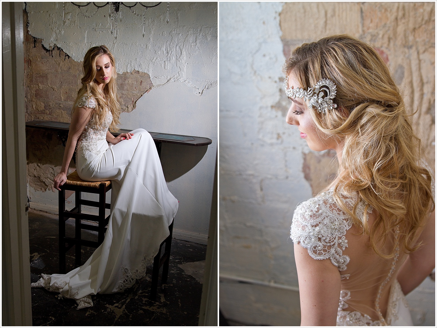 Model poses in gorgeous _______ wedding gown in the Hair & Beauty Art Studio in Waco, Texas. Photography by Jason & Melaina Photography, Texas wedding photographers. www.jasonandmelaina.com