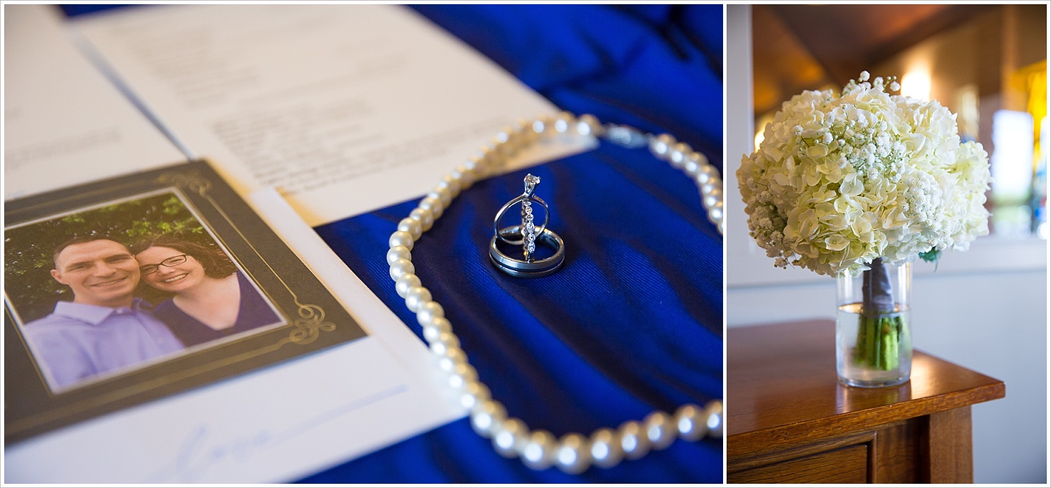 Bridal bouquet of white hydrangeas, wedding rings and pearl necklace, Summer church wedding at Central Presbyterian Church in Waco/Woodway, TX - Jason & Melaina Photography, www.jasonandmelaina.com