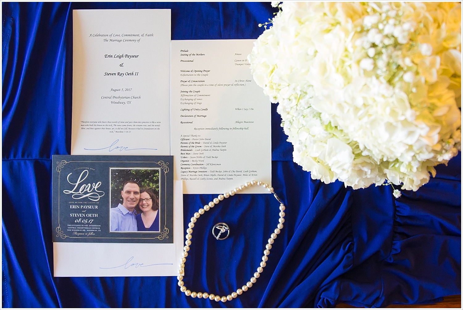 Wedding Invitations, ceremony program, pearl necklace and wedding bands, and bridal bouquet, summer church wedding at Central Presbyterian Church in Waco/Woodway, TX - Jason & Melaina Photography, www.jasonandmelaina.com