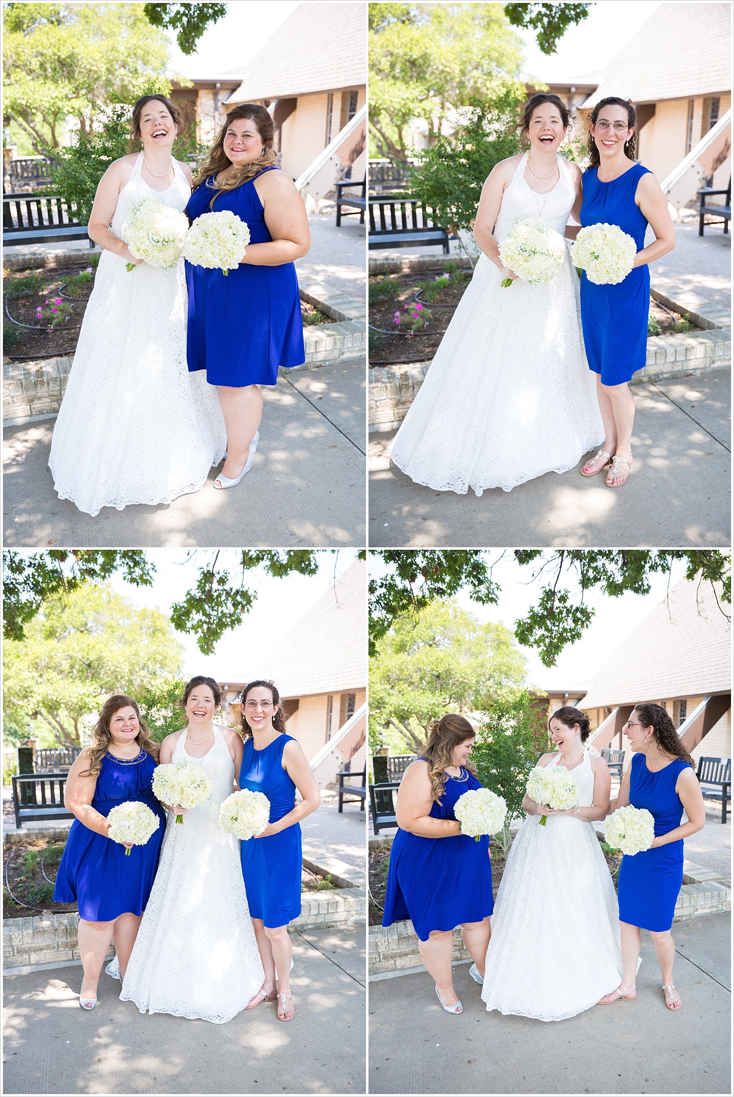 Bride in lace wedding gown poses with her bridesmaids in sapphire blue dress outside Bride and groom in wedding ceremony in front of gorgeous stained glass backdrop at Central Presbyterian Church in Waco/Woodway, TX - Jason & Melaina Photography, www.jasonandmelaina.com