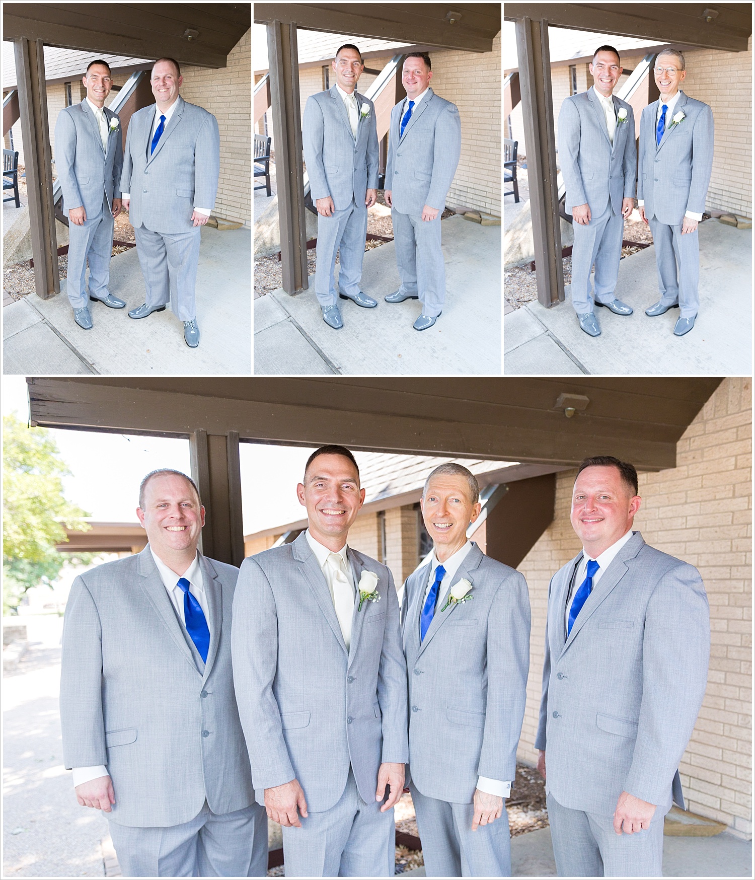 Groom poses with his groomsmen outside Bride and groom in wedding ceremony in front of gorgeous stained glass backdrop at Central Presbyterian Church in Waco/Woodway, TX - Jason & Melaina Photography, www.jasonandmelaina.com