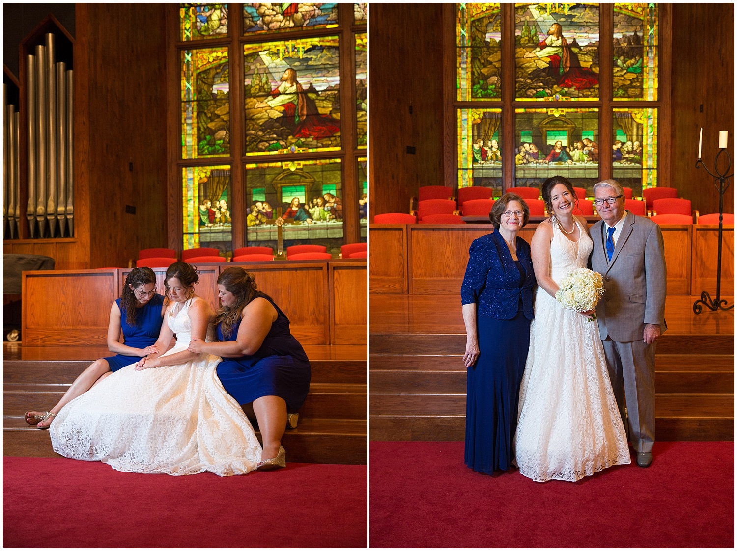 Bridesmaids pray with bride in front of gorgeous stained glass backdrop at Central Presbyterian Church in Waco/Woodway, TX - Jason & Melaina Photography, www.jasonandmelaina.com
