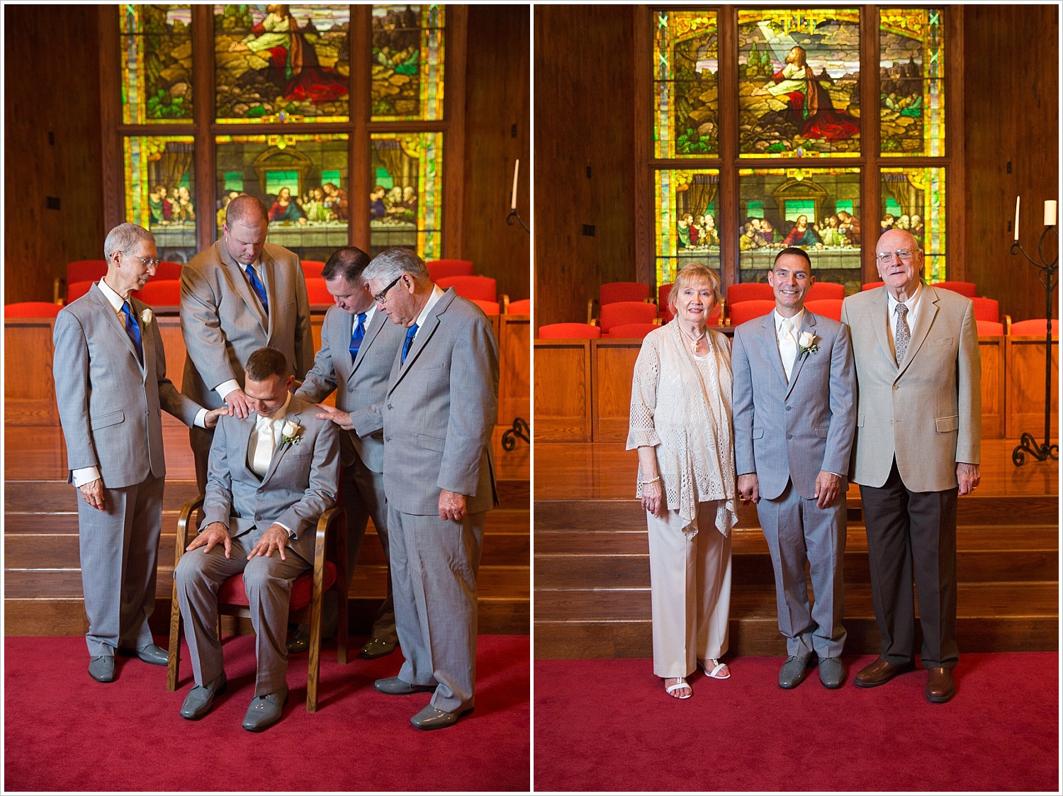 Groomsmen pray over groom in front of gorgeous stained glass backdrop at Central Presbyterian Church in Waco/Woodway, TX - Jason & Melaina Photography, www.jasonandmelaina.com