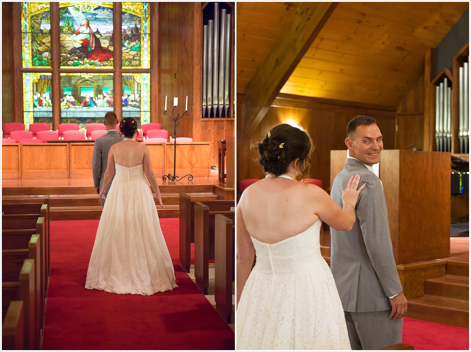 Bride and groom share a first look in the sanctuary of Central Presbyterian Church in Waco/Woodway, TX - Jason & Melaina Photography, www.jasonandmelaina.com