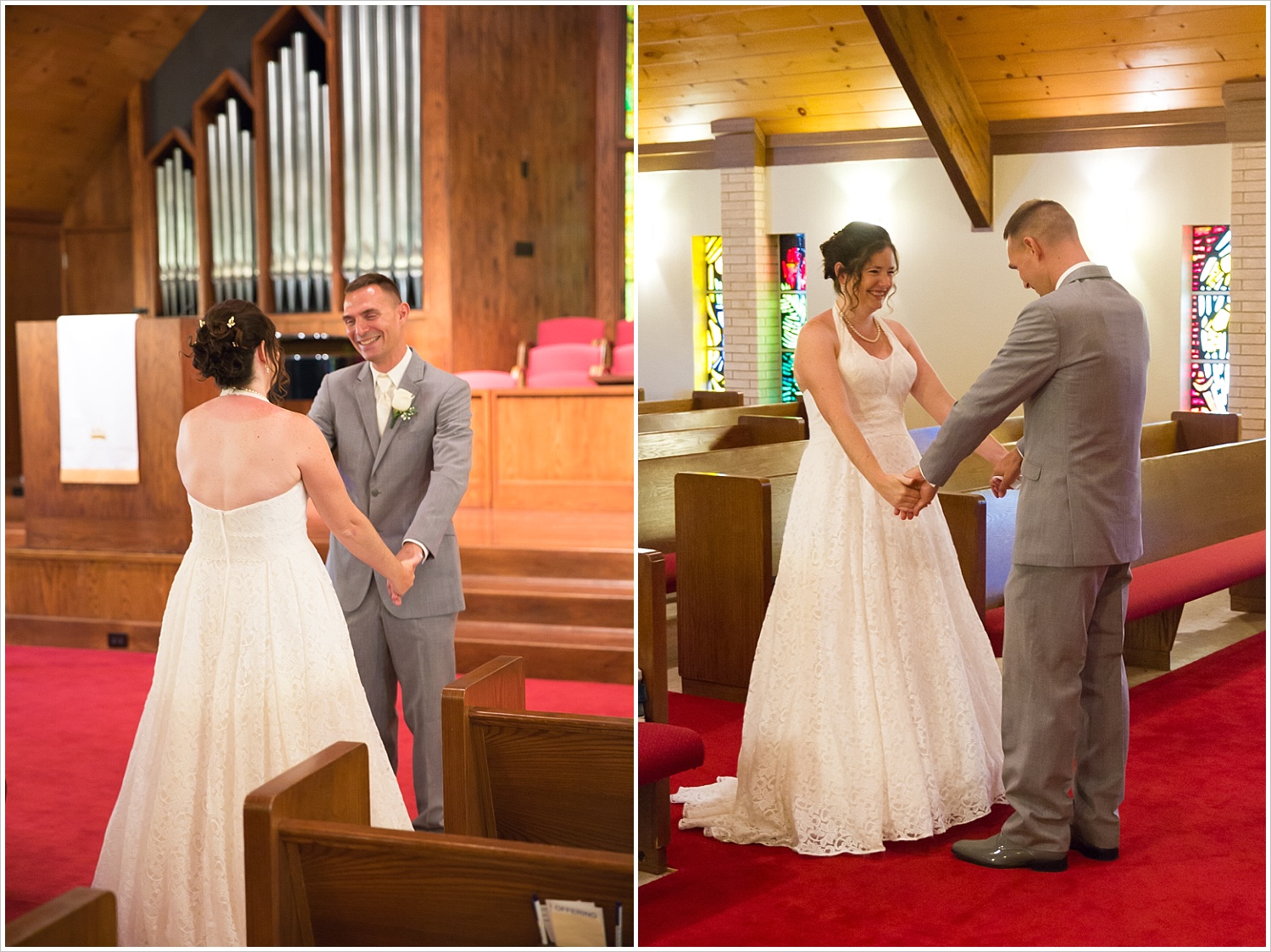 Bride and groom share a first look in the sanctuary of Bride and groom in wedding ceremony in front of gorgeous stained glass backdrop at Central Presbyterian Church in Waco/Woodway, TX - Jason & Melaina Photography, www.jasonandmelaina.com