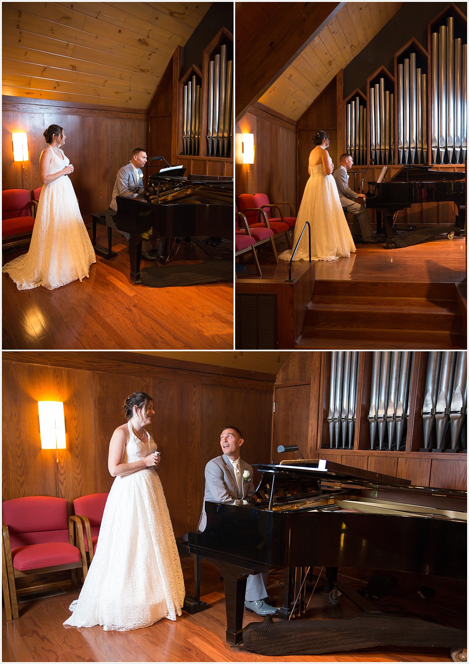 Groom plays for bride on the piano during their first look in the sanctuary of Central Presbyterian Church in Waco/Woodway, TX - Jason & Melaina Photography, www.jasonandmelaina.com