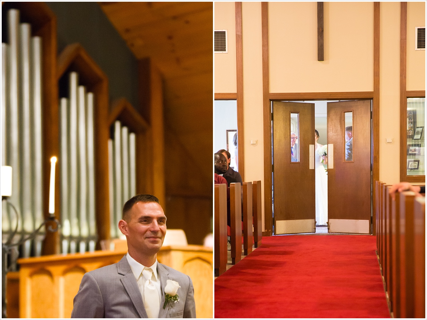 Groom waits for bride to walk down the aisle, summer church wedding in Central Presbyterian Church in Waco/Woodway, TX - Jason & Melaina Photography, www.jasonandmelaina.com