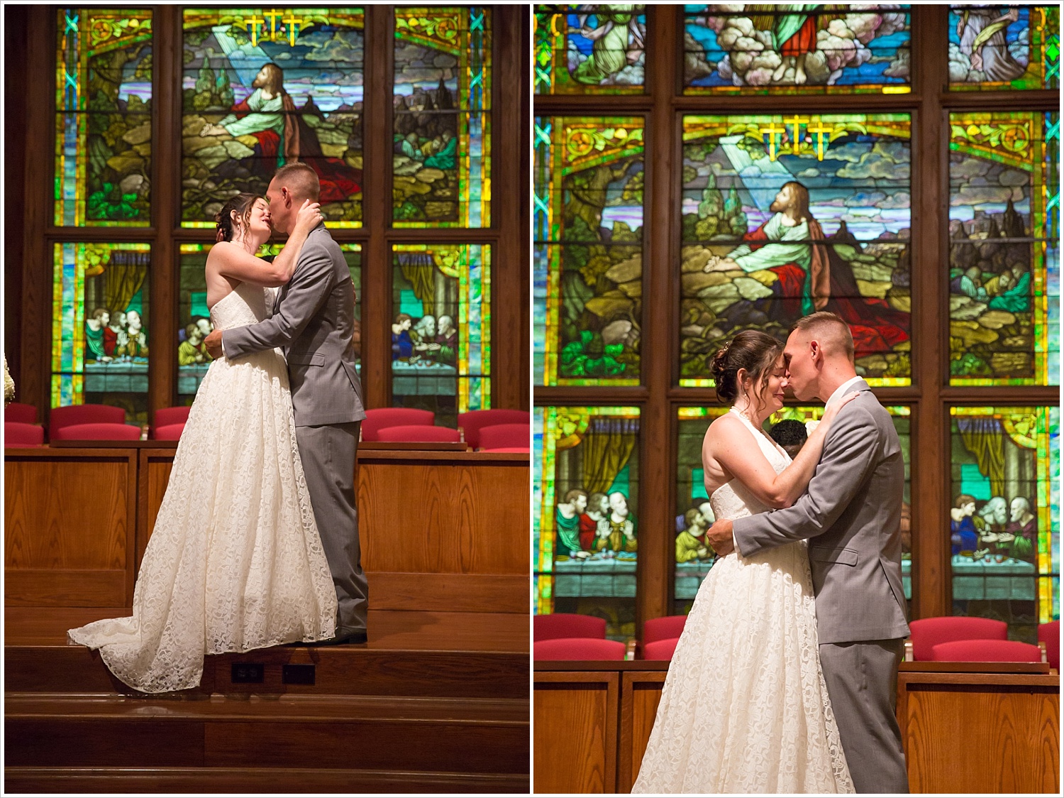 Bride and groom kiss in front of the stained glass in the sanctuary of Central Presbyterian Church in Waco/Woodway, TX - Jason & Melaina Photography, www.jasonandmelaina.com