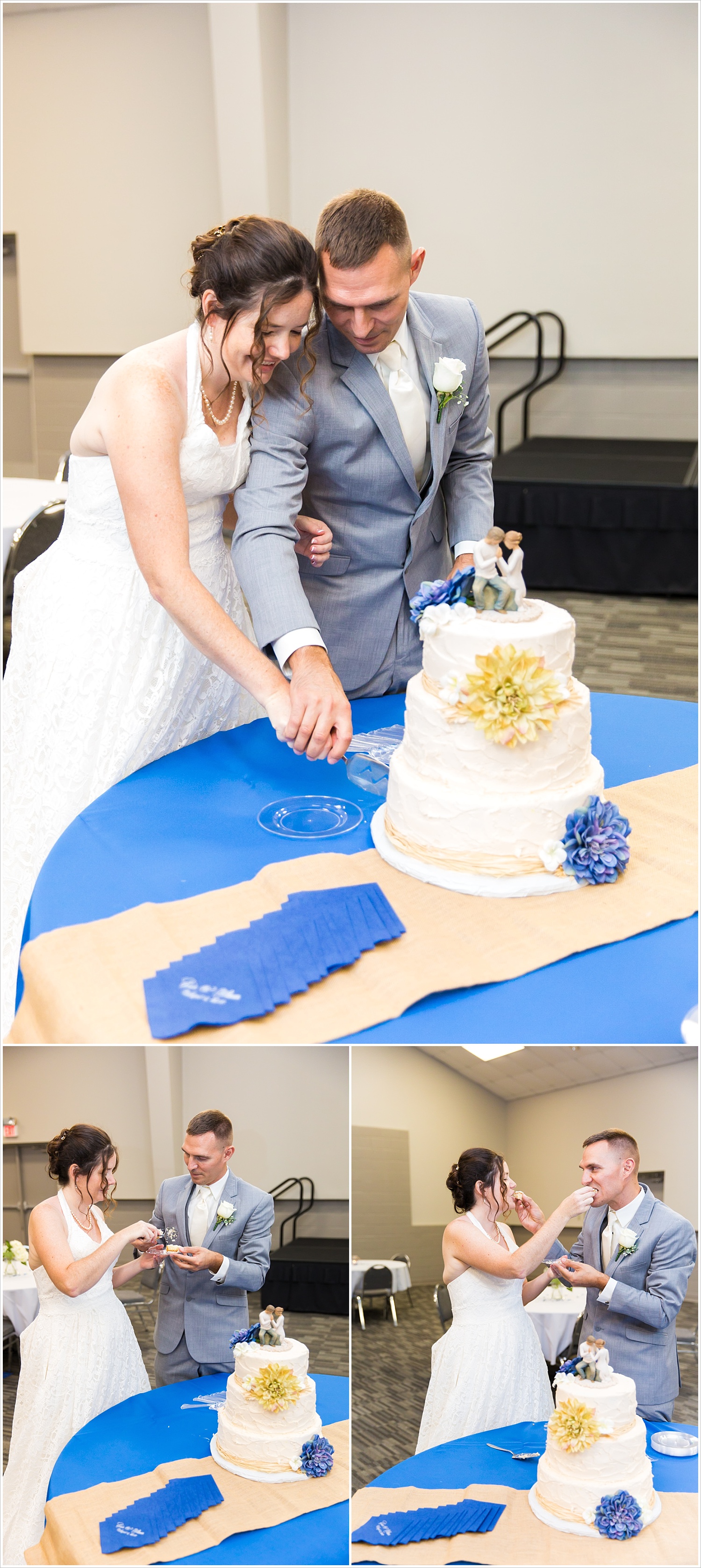 Bride and groom cut their wedding cake during a wedding reception at Central Presbyterian Church in Waco/Woodway, TX - Jason & Melaina Photography, www.jasonandmelaina.com