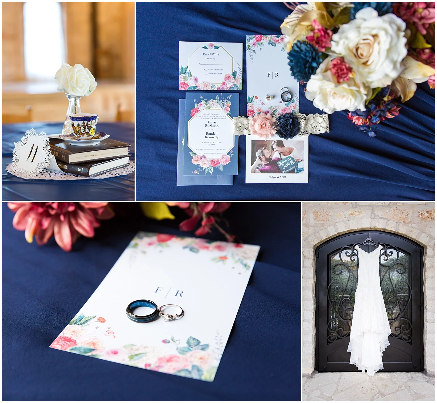 Wedding details, invitation suite, centerpieces, wedding rings, and bridal gown, summer blush and navy wedding at Stone Hall at The Springs in McKinney, Texas, Jason & Melaina Photography, www.jasonandmelaina.com