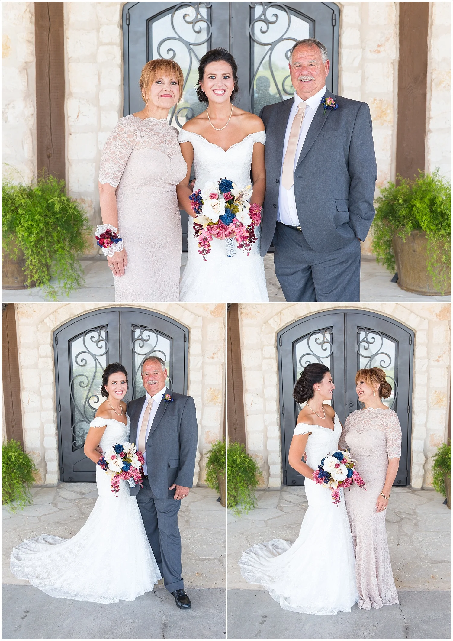 Bride poses with her mother and father, summer blush and navy wedding at Stone Hall at The Springs in McKinney, Texas, Jason & Melaina Photography, www.jasonandmelaina.com