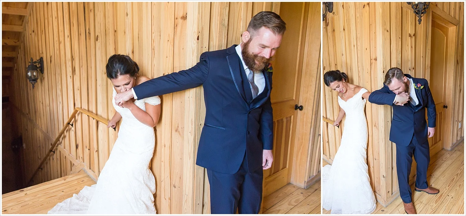 Bride and groom kiss each other's hands during their first touch, summer blush and navy wedding at Stone Hall at The Springs in McKinney, Texas, Jason & Melaina Photography, www.jasonandmelaina.com